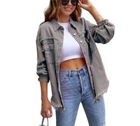 FEATEFACE Damen-Shacket mit Knopfleiste, ausgefranster Saum, lange Ärmel, Taschen, Denim-Jeansjacke mit Tasche, zerrissene Fransen, hellgrau, 48