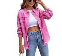 FEATEFACE Damen-Shacket mit Knopfleiste, ausgefranster Saum, lange Ärmel, Taschen, Denim-Jeansjacke mit Tasche, zerrissene Fransen, rose, 46
