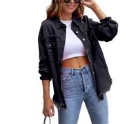 FEATEFACE Damen-Shacket mit Knopfleiste, ausgefranster Saum, lange Ärmel, Taschen, Denim-Jeansjacke mit Tasche, zerrissene Fransen, Schwarz , 48