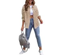 FEATEFACE Damen-Shacket mit Knopfleiste, ausgefranster Saum, lange Ärmel, Taschen, Denim-Jeansjacke mit Tasche, zerrissene Fransen, khaki, 38