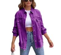 FEATEFACE Damen-Shacket mit Knopfleiste, ausgefranster Saum, lange Ärmel, Taschen, Denim-Jeansjacke mit Tasche, zerrissene Fransen, violett, 46