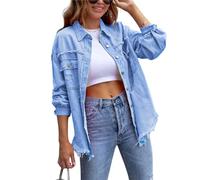 FEATEFACE Damen-Shacket mit Knopfleiste, ausgefranster Saum, lange Ärmel, Taschen, Denim-Jeansjacke mit Tasche, zerrissene Fransen, himmelblau, 46