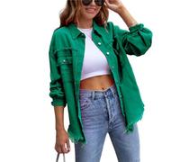 FEATEFACE Damen-Shacket mit Knopfleiste, ausgefranster Saum, lange Ärmel, Taschen, Denim-Jeansjacke mit Tasche, zerrissene Fransen, grün, 42