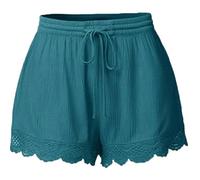 FEATEFACE Damen-Shorts, einfarbig, Spitze, gerüscht, Sommer, leger, elastischer Bund, Schnürung, Baumwolle, Yogahose, hellblau, Medium