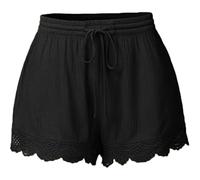 FEATEFACE Damen-Shorts, einfarbig, Spitze, gerüscht, Sommer, leger, elastischer Bund, Schnürung, Baumwolle, Yogahose, Schwarz , XXX-Large