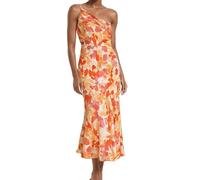 FEATEFACE Damen Sommer Midi Bodycon Kleider One Shoulder Ärmellos Gesmokt 2024 Sonnenkleid Gesmoktes Blumenmuster Maxikleid, Orange, S