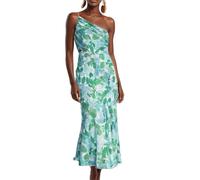 FEATEFACE Damen Sommer Midi Bodycon Kleider One Shoulder Ärmellos Gesmokt 2024 Sonnenkleid Gesmoktes Blumenmuster Maxikleid, blau, M