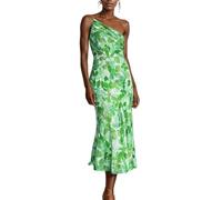 FEATEFACE Damen Sommer Midi Bodycon Kleider One Shoulder Ärmellos Gesmokt 2024 Sonnenkleid Gesmoktes Blumenmuster Maxikleid, grün, S