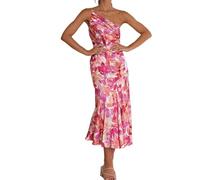 FEATEFACE Damen Sommer Midi Bodycon Kleider One Shoulder Ärmellos Gesmokt 2024 Sonnenkleid Gesmoktes Blumenmuster Maxikleid, rose, L
