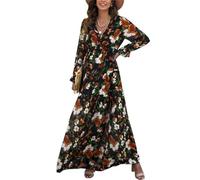 FEATEFACE Maxikleid in Übergröße für Damen 2024, Blumenmuster, Herbst, locker, V-Ausschnitt, lässig, trendig, Boho, bedruckt, Strandkleid, A-Linie, a, M