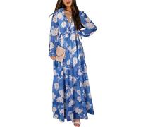 FEATEFACE Maxikleid in Übergröße für Damen 2024, Blumenmuster, Herbst, locker, V-Ausschnitt, lässig, trendig, Boho, bedruckt, Strandkleid, A-Linie, U, XL