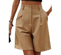 FEATEFACE Shorts für Damen, Bermuda-Shorts, leger, elastisch, hohe Taille, weites Bein, knielang, mit Taschen, Sommer-Shorts, camel, Medium