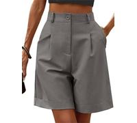FEATEFACE Shorts für Damen, Bermuda-Shorts, leger, elastisch, hohe Taille, weites Bein, knielang, mit Taschen, Sommer-Shorts, Deep Space Grau, L