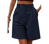 FEATEFACE Shorts für Damen, Bermuda-Shorts, leger, elastisch, hohe Taille, weites Bein, knielang, mit Taschen, Sommer-Shorts, marineblau, Medium