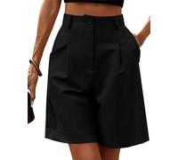 FEATEFACE Shorts für Damen, Bermuda-Shorts, leger, elastisch, hohe Taille, weites Bein, knielang, mit Taschen, Sommer-Shorts, Schwarz , S