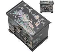 February Mountain Mother of Pearl Wooden Jewelry Organizer Box - Jewelry Storage Box for Women, Features Spacious Drawers, Ideal for Rings, Bracelets, Watches, Chains, Accessories (Crane_Black)