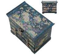 February Mountain Mother of Pearl Wooden Jewelry Organizer Box - Jewelry Storage Box for Women, Features Spacious Drawers, Ideal for Rings, Bracelets, Watches, Chains, Accessories (Peony_Blue)