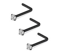 FECTAS Nasenpiercing L-förmige Nasenstecker 18G L Bend Nase Piercing Schmuck Edelstahl 2mm Diamant CZ Schwarz 3stk