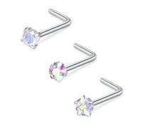 FECTAS Nasenpiercing L-förmige Nasenstecker 18G L Bend Nase Piercing Schmuck Edelstahl 3mm Diamant CZ Gold 3stk