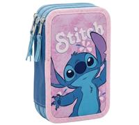 Federmäppchen 3-Fach - 44-teilig gefüllt - für Stitch Fan - mit Filzstiften, Buntstiften, Lineal - Rosa - Schulmäppchen Mädchen & Geschenk für Kinder