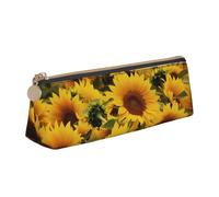 Federmäppchen aus Leder mit gelbem Sonnenblumenfeld, dreieckig, für Mädchen und Jungen, mit Reißverschluss, Federmäppchen, Stifttasche, Organizer für Studenten, Schule, Büro, Universität, Gelbes