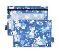Federmäppchen Binder 3 Ringe mit klarem Fenster Cartoon niedlich weiß Kätzchen Reißverschluss Stifttasche große Kapazität 3 Ringe Reißverschluss für Büro Schulbedarf Kosmetik mehrfarbig 2 Stück