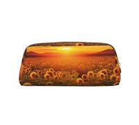 Federmäppchen mit Sonnenblumenfeld, Sonnenuntergang, Blumenmeer, großes Fassungsvermögen, ästhetische Stifttasche, Leder, Make-up-Tasche für Damen und Herren, Reise-Kulturbeutel, Reißverschluss
