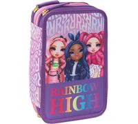 Federmäppchen Rainbow High Lila Grundschule Dreifach-Federmäppchen und Federmäppchen gefüllt mit 18 Buntstiften, 18 Filzstiften und Schreibwaren-Set + Gratis Schlüsselanhänger mit Pailletten und