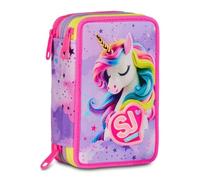 Federmäppchen Sj Girl Seven - Fable Journey Einhorn - 3 Etagen komplett mit Schreibwaren für Kinder + kostenloser Schlüsselanhänger mit Pailletten und Stift, mehrfarbig