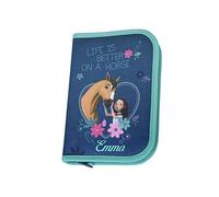 Federmappe mit Namen | inkl. NAMENSDRUCK | Motiv Pferde in türkis und dunkelblau für Mädchen | personalisieren & bedrucken | Federmäppchen Schüleretui Federtasche 30-teiliges SET MARKENSTIFTE