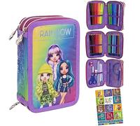 Federtasche 3-fache Federmappe rmäppchen Mädchen Rainbow High Silver Style Motiv Federmäppchen 46-teilig gefüllte Schüleretui Stifte und Pinsel inkl.hausaugabenheft Federbox Etui Schul-Etui 1.Klasse