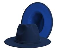 Fedora-Hüte mit breiter Krempe für Damen und Herren, klassischer Filz-Panama-Hut, Herren, zweifarbig, mit Gürtelschnalle, Marineblau/Blau, Large