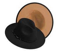 Fedora-Hüte mit breiter Krempe für Damen und Herren, klassischer Filz-Panama-Hut, zweifarbiger Kleiderhut mit Gürtelschnalle, Außen schwarz, innen Camel, large