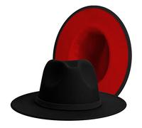 Fedora-Hüte mit breiter Krempe für Damen und Herren, klassisches Kleid, Panamahut, verstellbarer Filzhut mit Band, schwarz/rot, Large