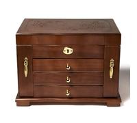 FEECOZ Schmuckschatulle aus Holz für Damen, Massivholz, Schmuck-Organizer mit Spiegel und 3 Schubladen, Ring, Halskette, Vintage-Stil, Aufbewahrungsbox mit Schloss (dunkelbraun (Rosenmuster)