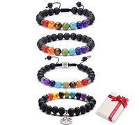 Feelairy Edelstein Armbänder Set, 4 Stück Lavastein Armband Natürliche 8mm Yoga Armband mit Lebensbaum Anhänger, Reiki Healing 7 Chakra Armband Buddha Perlen Bracelet Elastisches für Unisex Mens