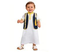 FEESHOW Baby Jungen Abaya Arabische Muslimische Kleidung Kaftan Und Ärmelloses Vintage Brokat Metallic Weste Tanktop Marineblau&Weiß_Set 80-86