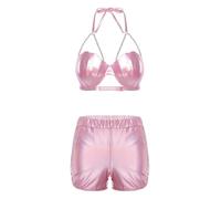 FEESHOW Damen Festival Outfit Glitzer Metallic Bikini Set Wetlook Dessous Tankini Badekleidung Karneval Party Clubwear Strandmode Hellrosa M
