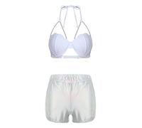 FEESHOW Damen Festival Outfit Glitzer Metallic Bikini Set Wetlook Dessous Tankini Badekleidung Karneval Party Clubwear Strandmode Silber M