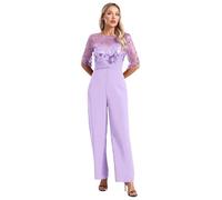 FEESHOW Damen Jumpsuit Elegant Mit Glitzer Festlich Overall Kurzarm Pailletten Blumenspitze Hosenanzug Hochzeit Party Abend Cocktail Outfit Lavendel S
