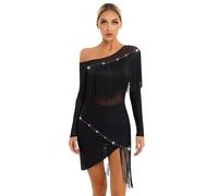 FEESHOW Damen Latein Tanzkleid Langarm Flapper Kleid Quasten Salsa Kleid Rumba Samba Latino Tanzkleidung Party Modern Jazz Dance Outfit Schwarz_A XL