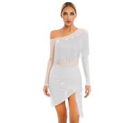 FEESHOW Damen Latein Tanzkleid Langarm Flapper Kleid Quasten Salsa Kleid Rumba Samba Latino Tanzkleidung Party Modern Jazz Dance Outfit Weiß_A M