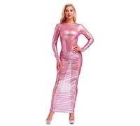 FEESHOW Damen Metallic Glänzendes Langarmkleid Transparent Wetlook Maxikleid Figurbetont Glanz Party Rave Gogo Clubwear Etuikleid Rosa XXL