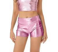 FEESHOW Damen Wetlook Shorts High Waist Glänzend Metallic Hotpants Mini Booty Shorts Sport Tanz Nachtclub Gogo Rave Outfit Rosa_B XL