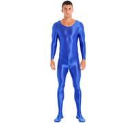 FEESHOW Herren Glänzend Nylon Bodysuit Overall Einteiler Sport Body Gymnastikanzug Trikot Leotard Männer Ganzkörper Strumpfhose Nachtwäsche B_Blau XL