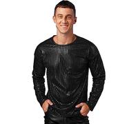 FEESHOW Herren Glänzende Pailletten Shirt Glitzer 70er Jahre Disco Top Langarm Sparkle Sweatshirt Jumper Fasching Party Clubwear B_Schwarz M