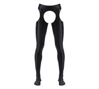 FEESHOW Herren Glänzende Strumpfhose Offener Schritt Glanz Glossy Strapsen Strümpfe Strumpfgürtel Stockings Blickdicht A_Schwarz L