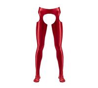 FEESHOW Herren Glänzende Strumpfhose Offener Schritt Glanz Glossy Strapsen Strümpfe Strumpfgürtel Stockings Blickdicht A_Rot L