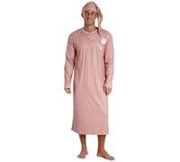 FEESHOW Herren Nachthemd Mit Schlafmütze Set Langarm Gestreifte Nachthemd Mit Brusttasche Und Knopfleiste Männer Lange Nachtwäsche Khaki_A L