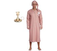 FEESHOW Herren Nachthemd Mit Schlafmütze Set Langarm Gestreifte Nachthemd Mit Brusttasche Und Knopfleiste Männer Lange Nachtwäsche Khaki&Gold-Kerzenhalter L